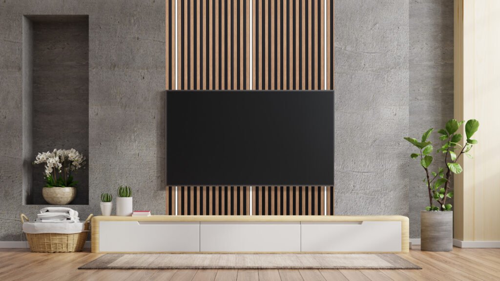 TV wall mount on cabinet the in modern living room the concrete wall,3d rendering