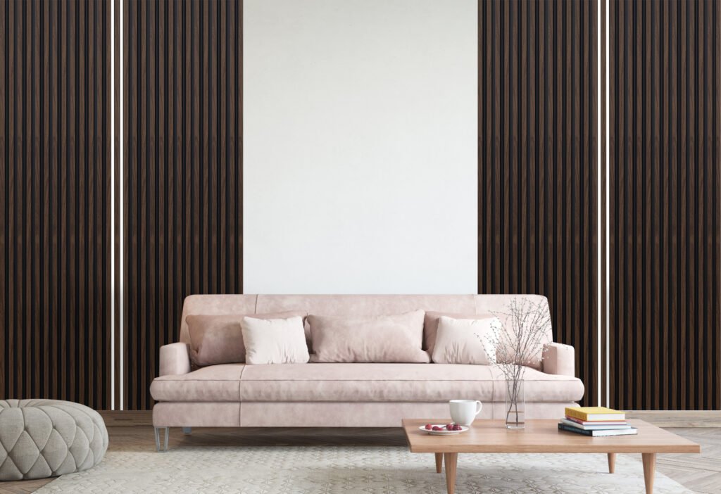 mock up modern interior sofa in living room, empty wall, 3D rend