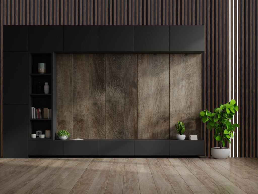 Cabinet TV in modern living room with decoration on wooden wall background,3d rendering