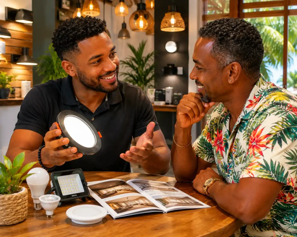 Nos Produits 1 Conseiller présentant des solutions d’éclairage LED en Guadeloupe